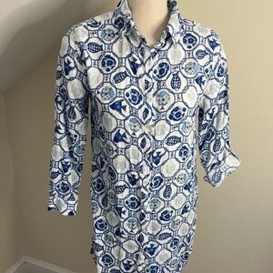 Isaac Mizrahi Blue and White Fish Print Button-Down Shirt Linen Blend Beachy